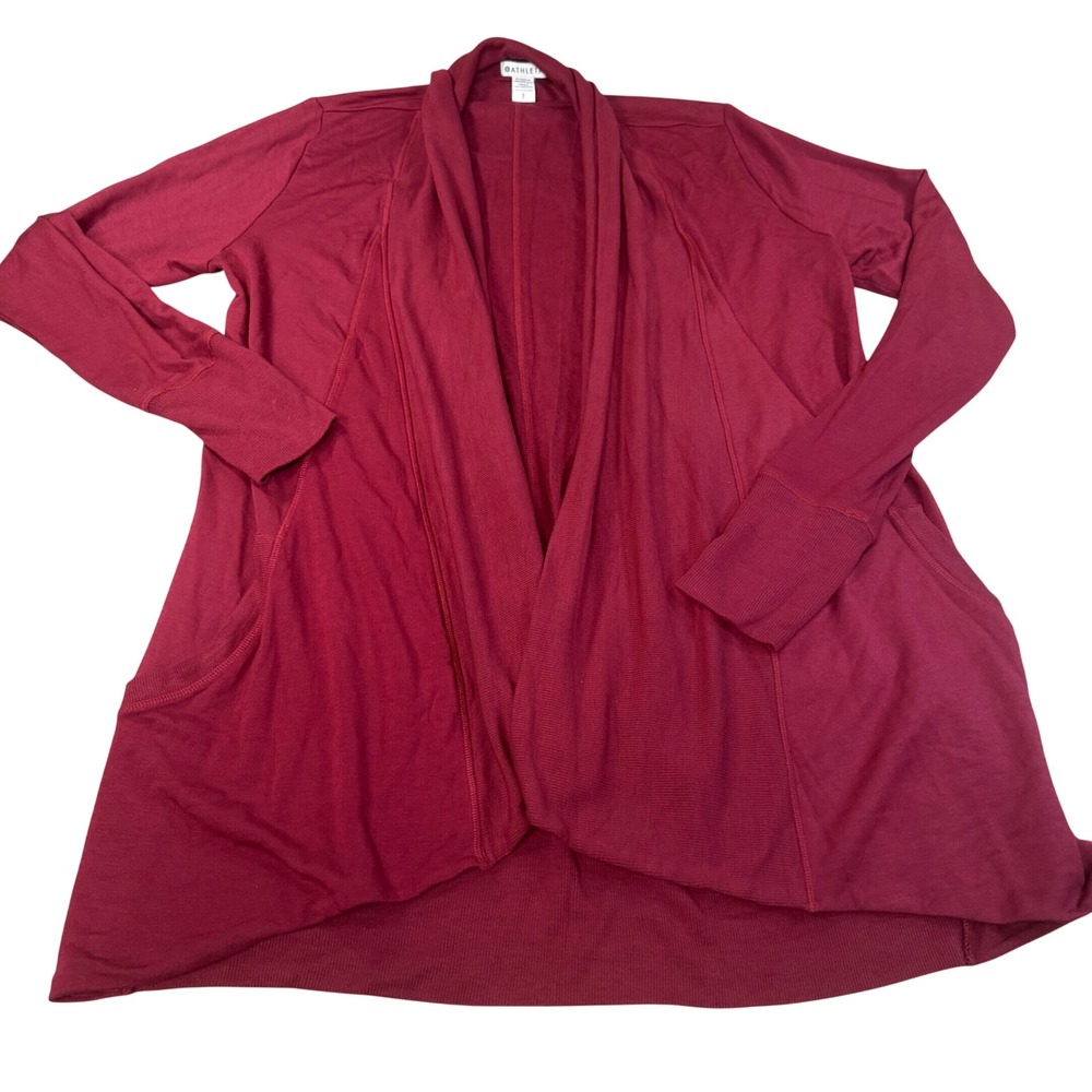 Athleta Pranayama Wrap Cardigan Burgundy Red Small Open Front Thumbhole Pockets